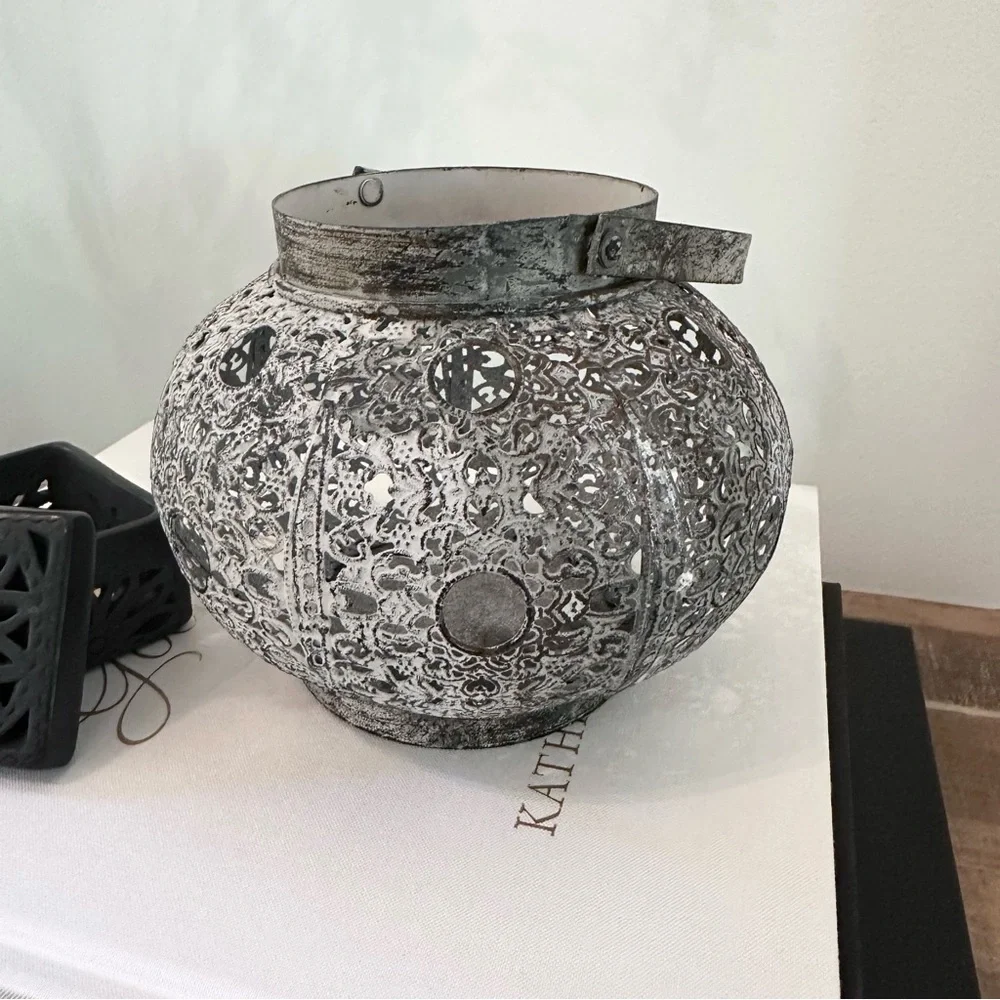Decorative Metal Lantern Or Vase Perforated Metal With Vintage Look Handle
